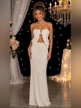 NWT Dress the Population White Sequin Cutout Maxi Prom Gown Size S
